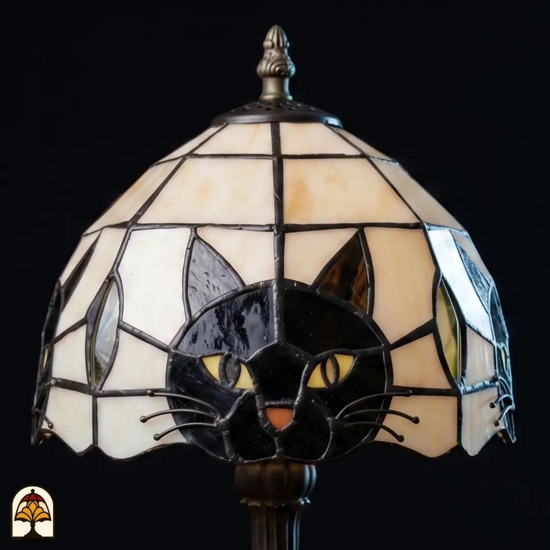 Gros plan de l'abat-jour en verre soudé à la main avec oreilles de chat et moustaches