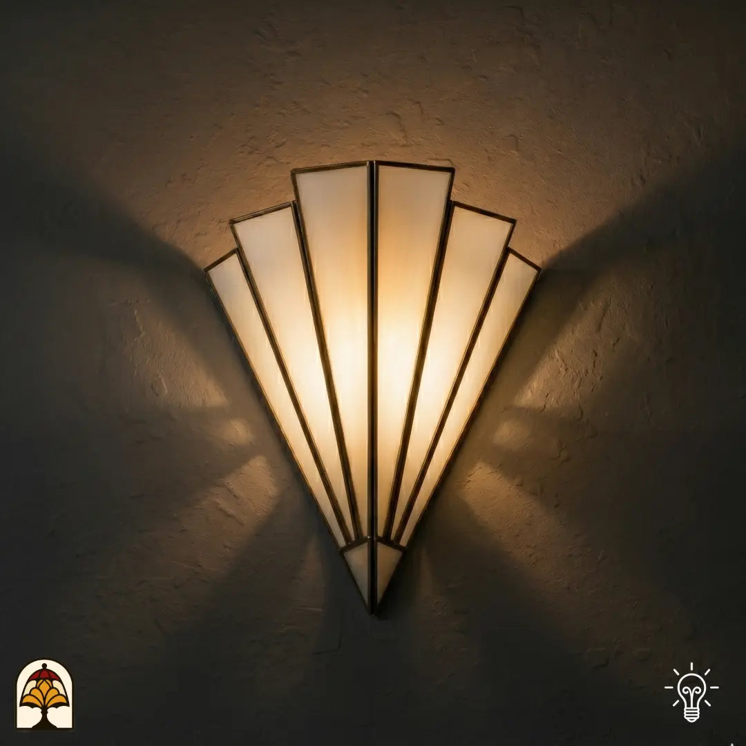 Tiffany wandlamp Ventaglio Avorio verlicht op muur – Art Deco waaiervorm in crèmewit glas