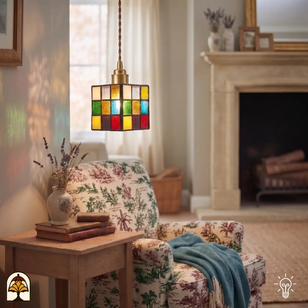 Suspension Tiffany Cubo Colorato – vue de côté des blocs de verre colorés en rouge, jaune, vert et bleu