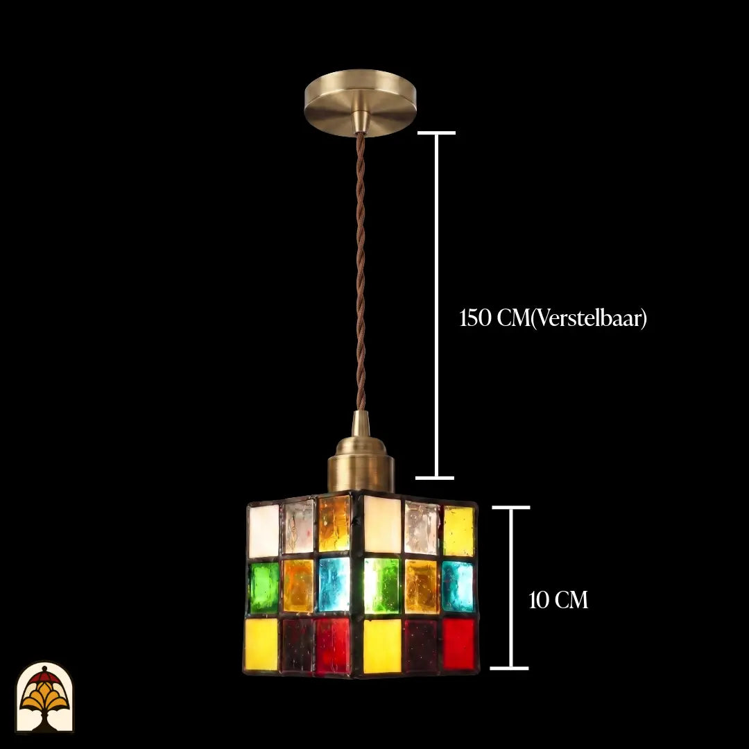 Suspension Tiffany Cubo Colorato avec rosace de plafond en laiton – vue d'ensemble du système de suspension